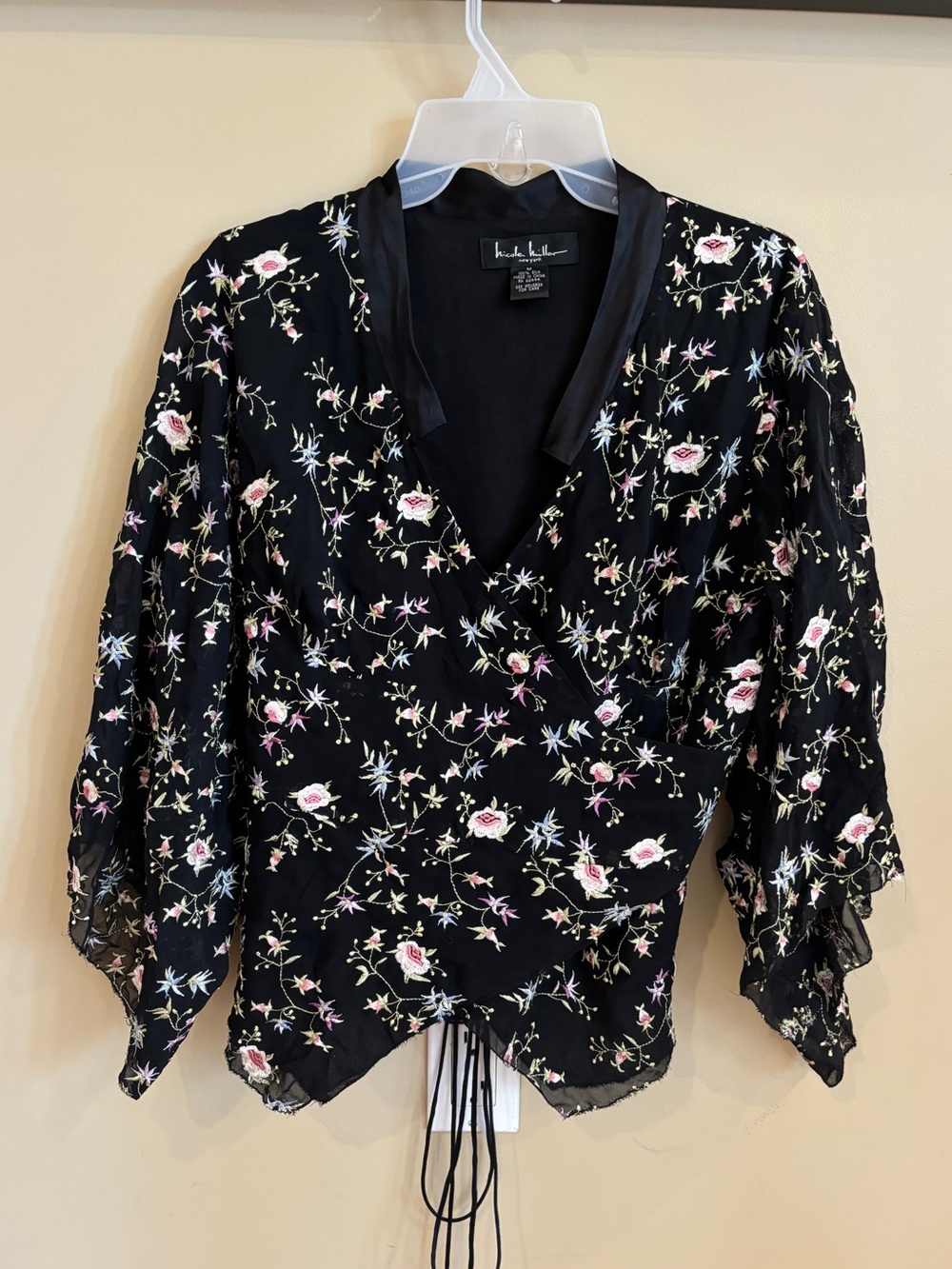 Nicole Miller 100% Silk Embroidered Floral Wrap Blouse M